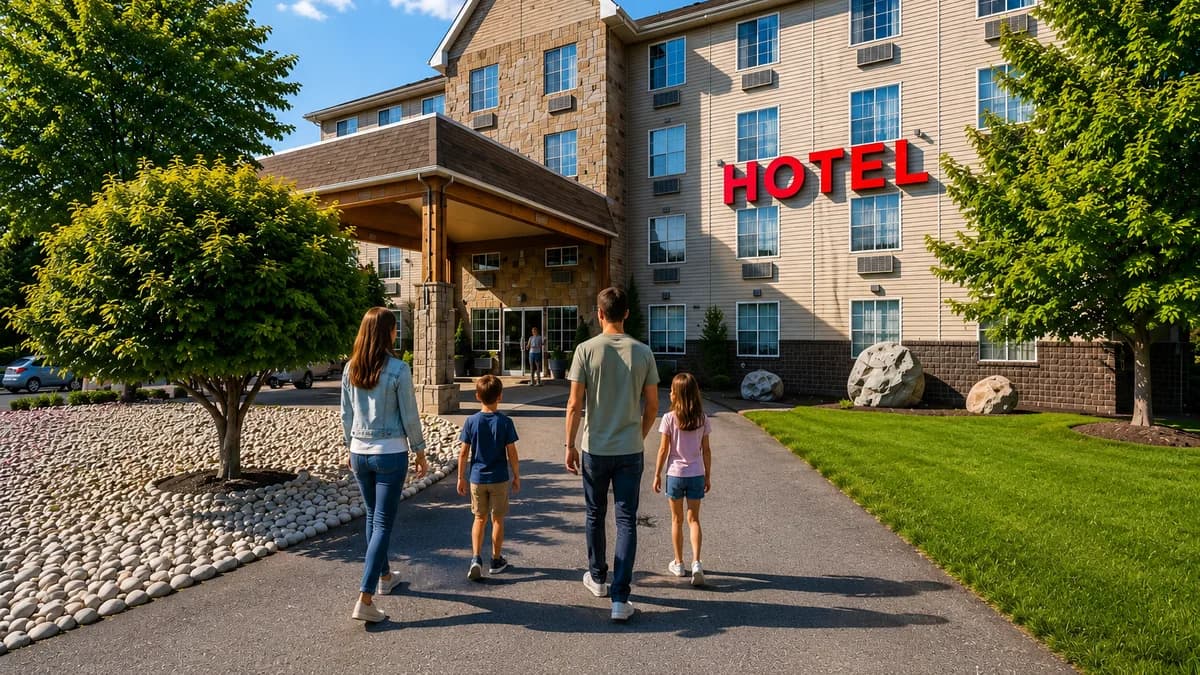 Famille arrivant à pied devant l'entrée de l'hôtel, anciennement Super 8, à Sainte-Agathe-des-Monts